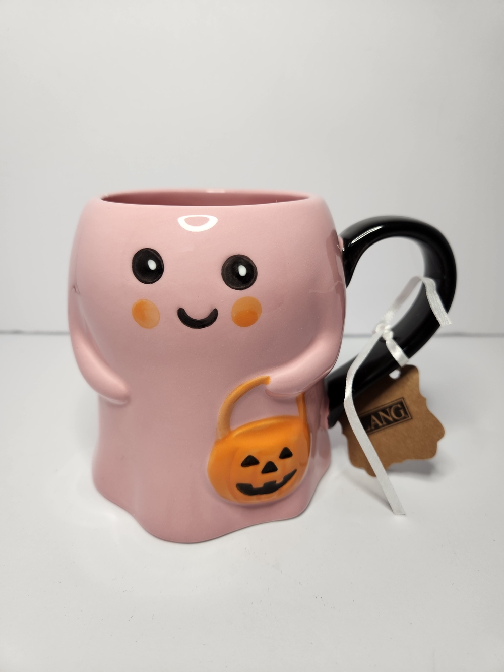 LANG Pink Ghost Ceramic Mug with Black Handle and Pumpkin Basket Halloween